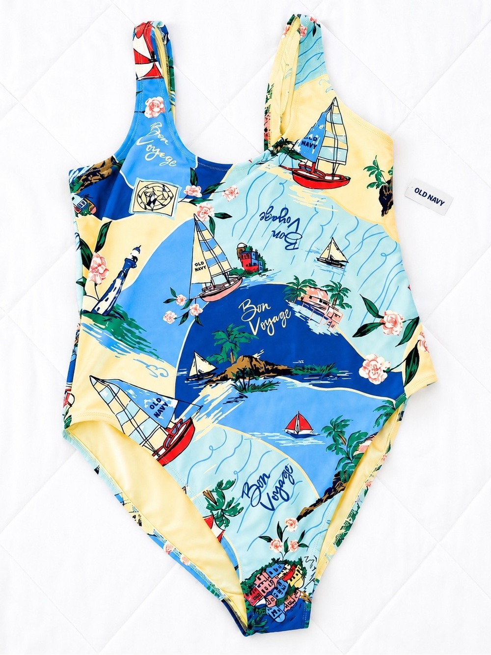 💦 OLD NAVY NWT Bon Voyage Coastal Postcard Print One Piece Summer Swimsuit 2X